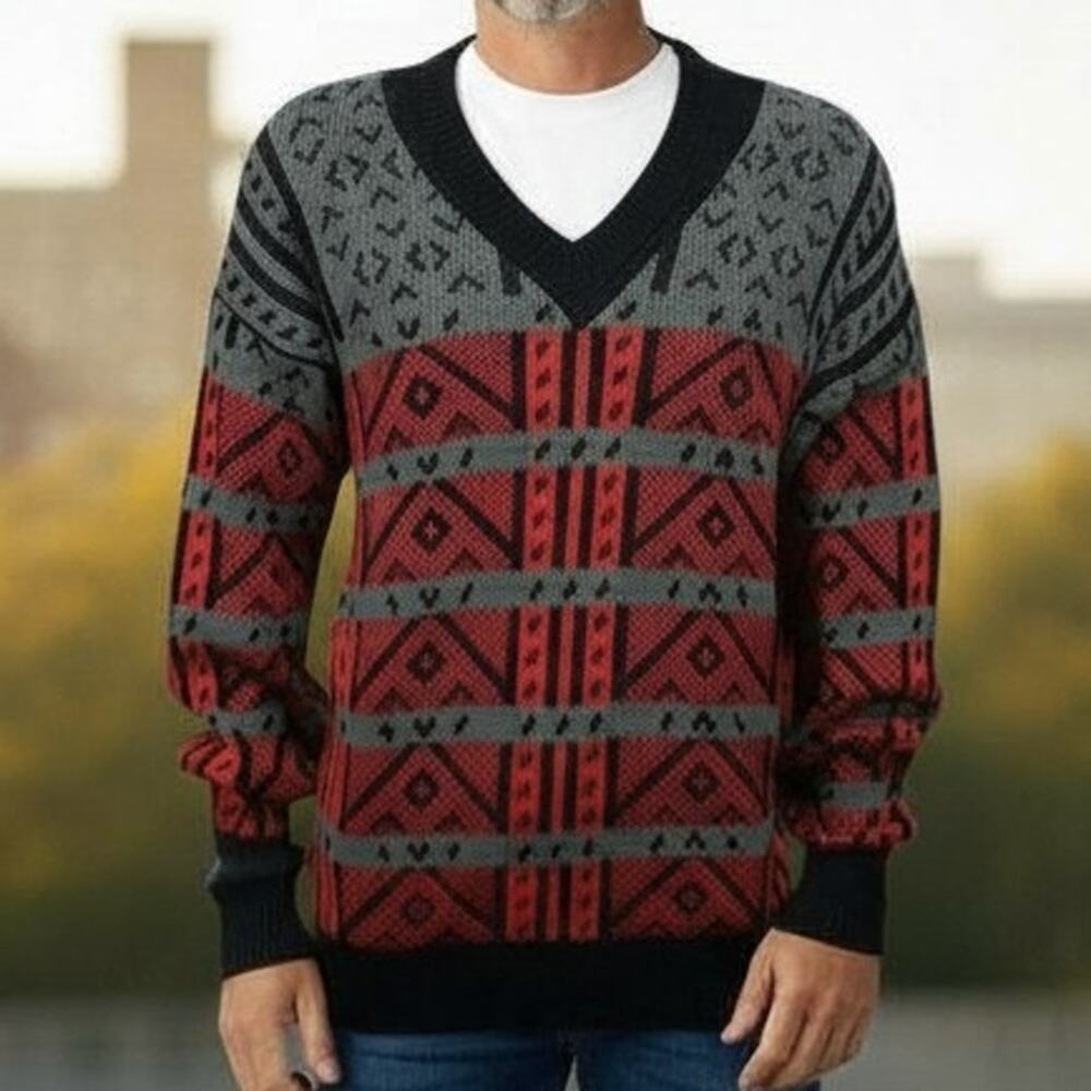 Vintage Made in USA 80s Sweater Lido Sports Wool Blend  V-Neck Geometrical XL